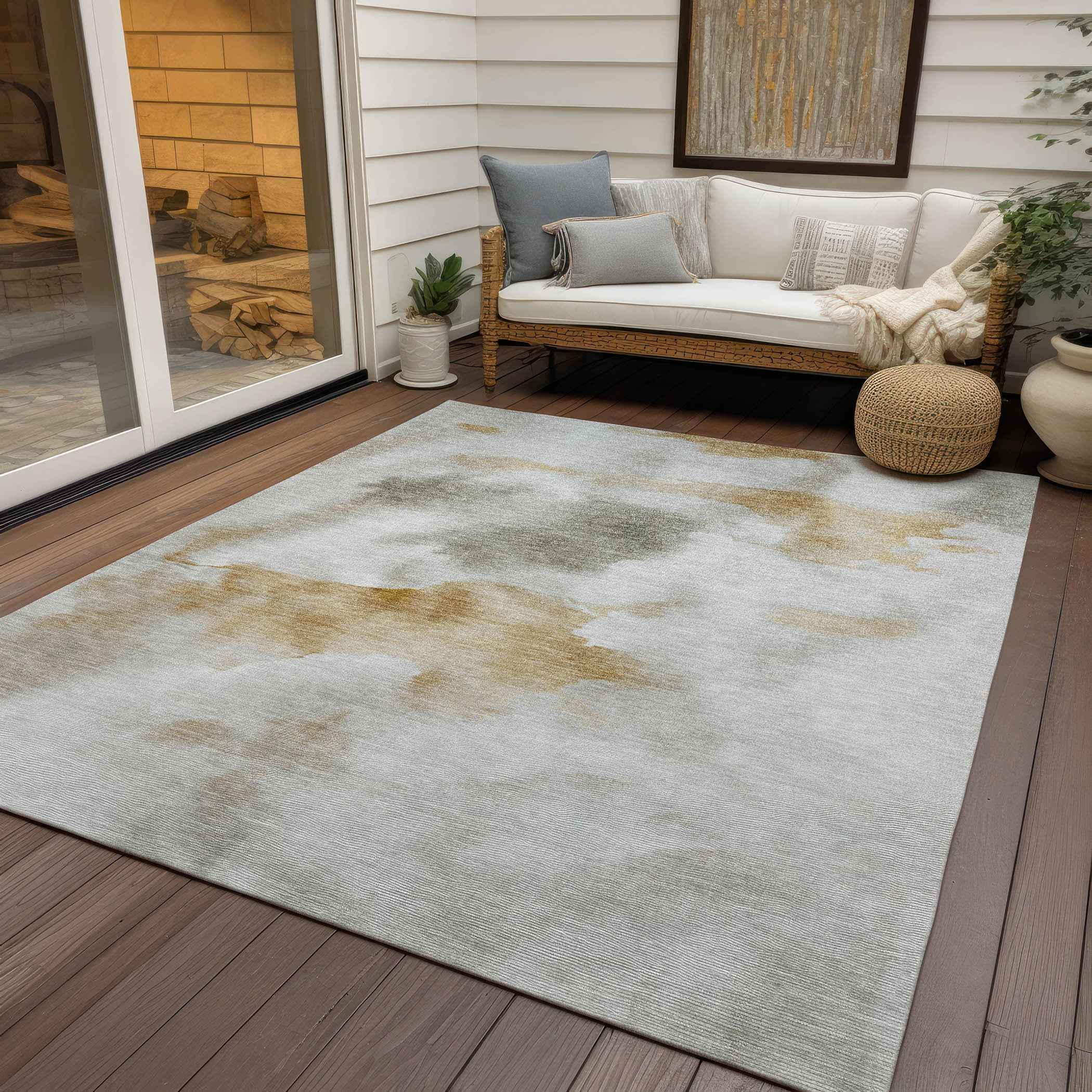 8' X 10' Beige Copper And Gray Abstract Washable Indoor Outdoor Area Rug