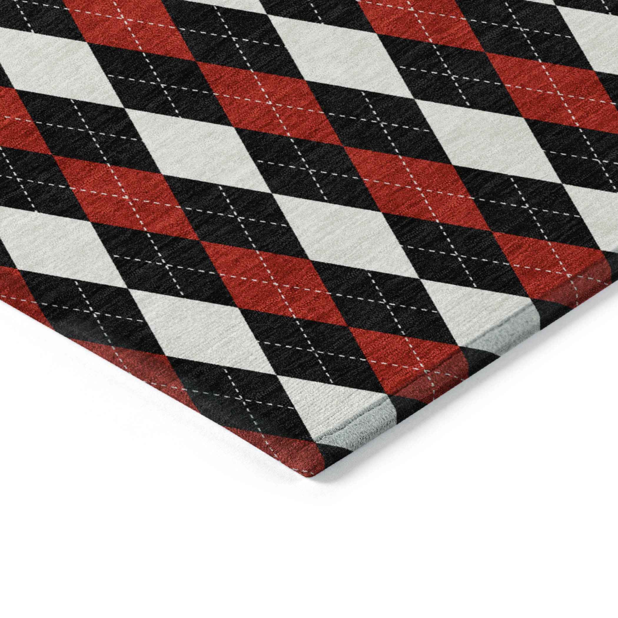 8' X 10' Black Red And White Argyle Washable Indoor Outdoor Area Rug
