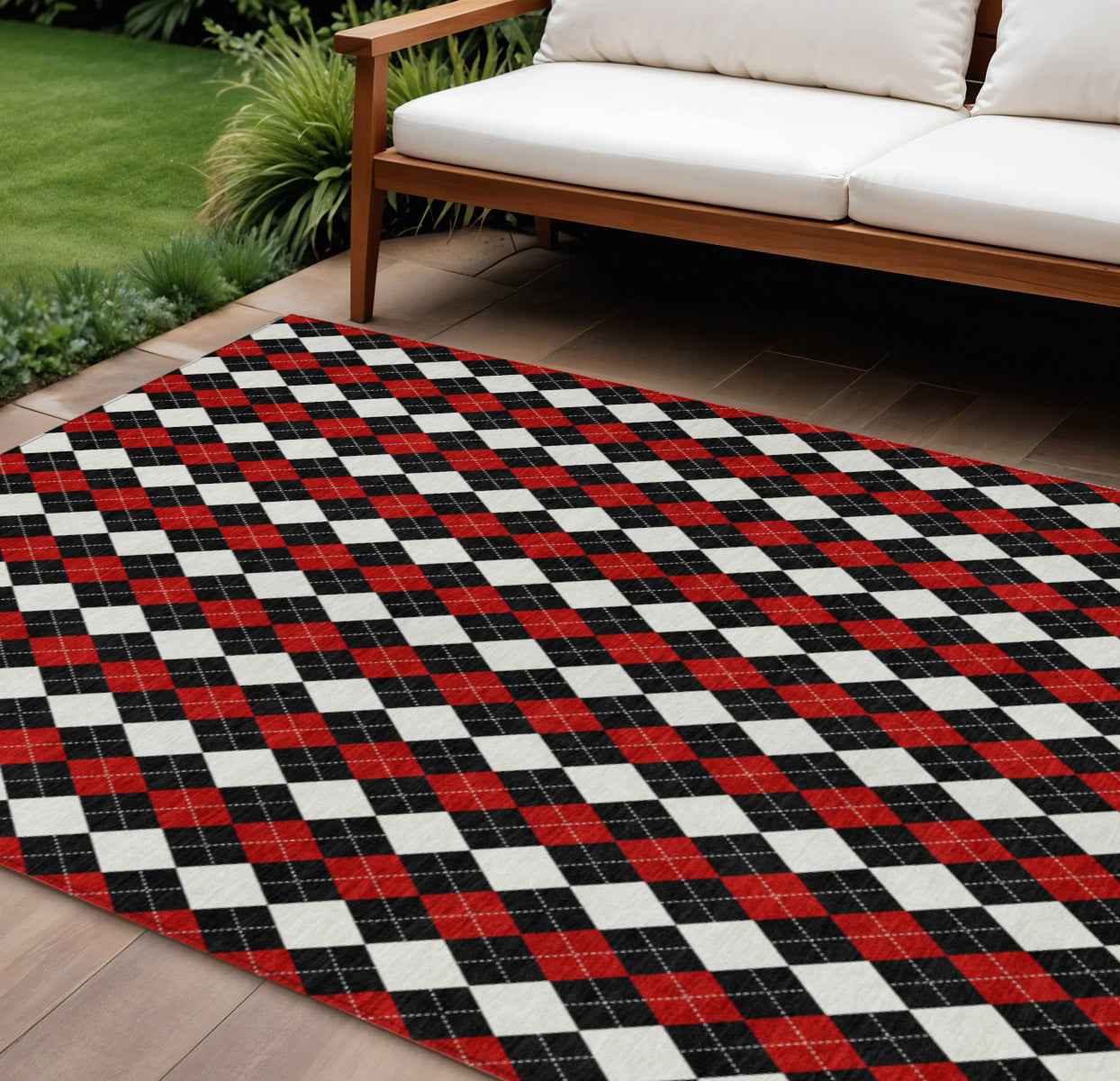 8' X 10' Black Red And White Argyle Washable Indoor Outdoor Area Rug
