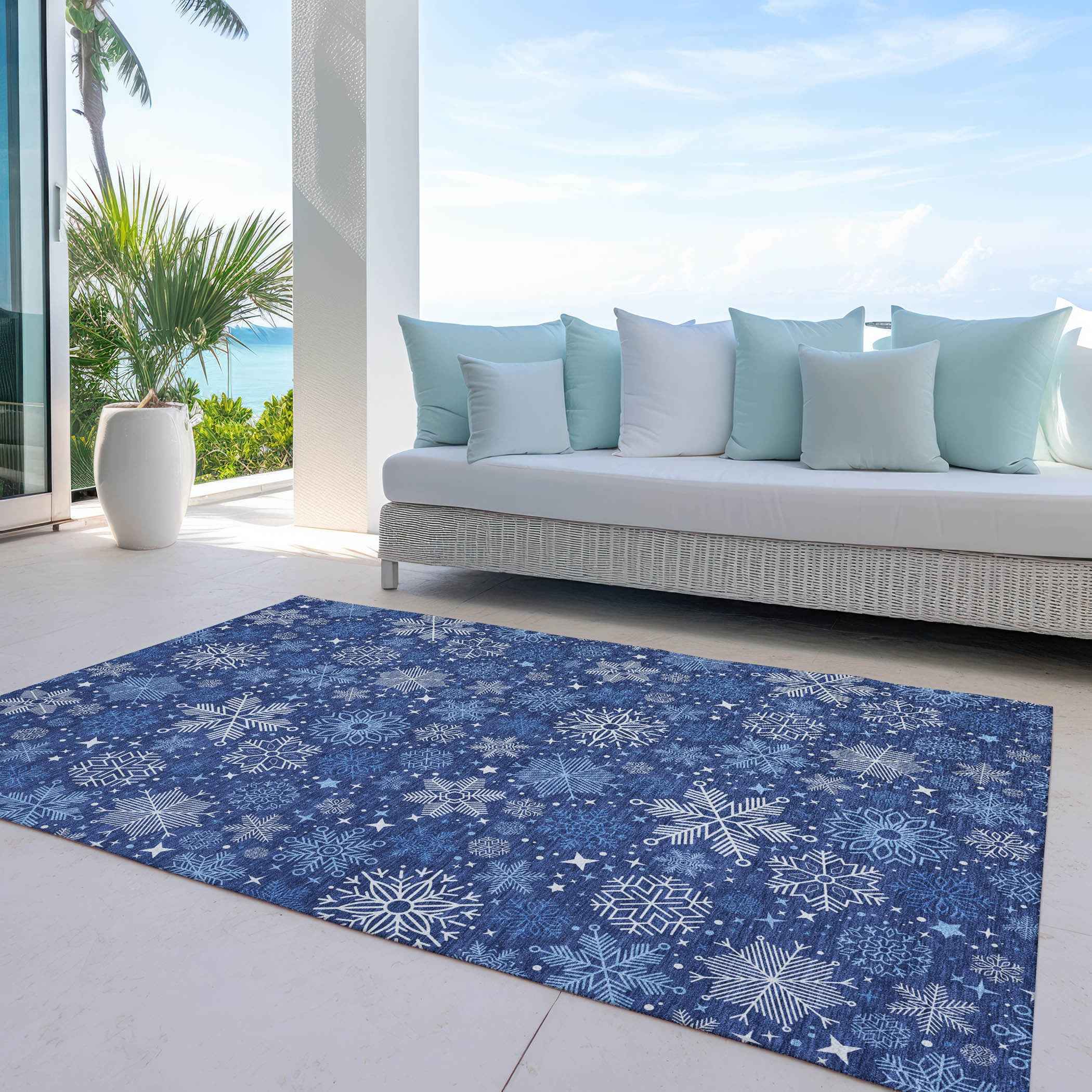 8' X 10' Navy Blue Ivory And Sky Blue Medallion Washable Indoor Outdoor Area Rug