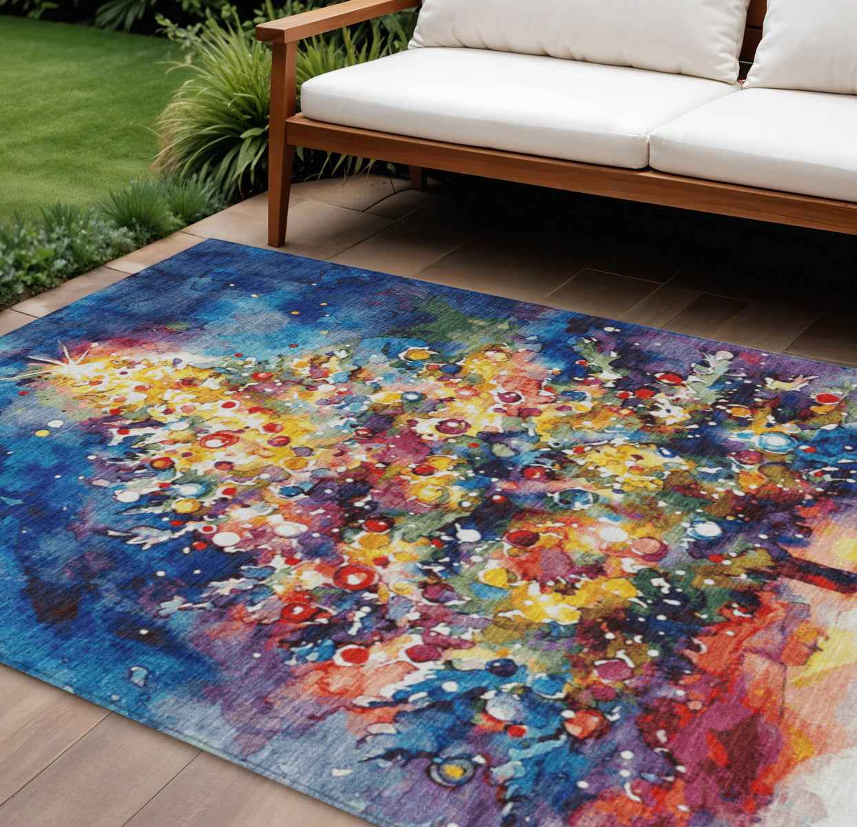 8' X 10' Navy Blue Gold Red And Purple Abstract Washable Indoor Outdoor Area Rug