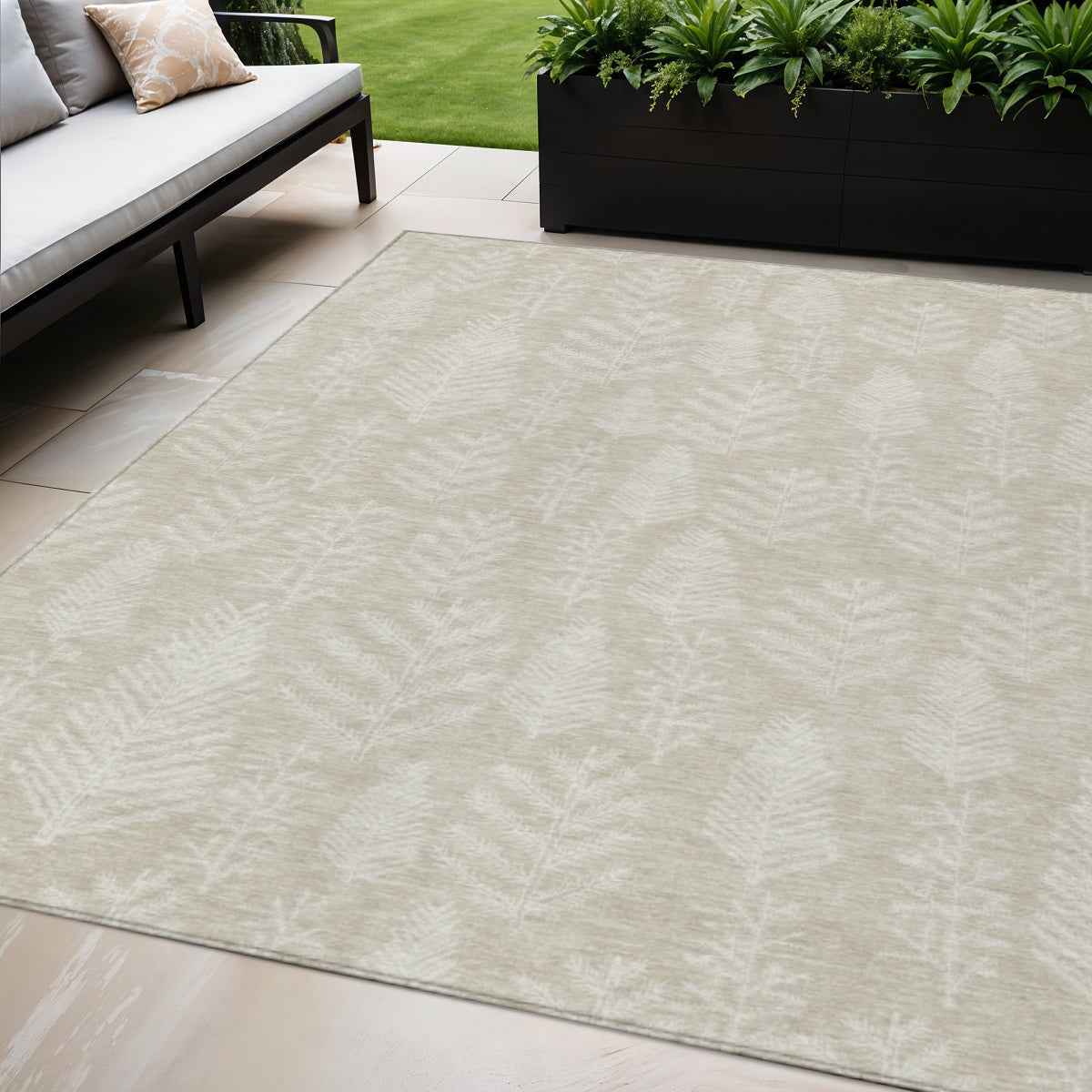 5' X 8' Beige And Ivory Botanical Leaves Washable Indoor Outdoor Area Rug