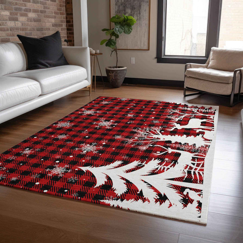 10' X 14' Red Black And Ivory Plaid Washable Indoor Outdoor Area Rug