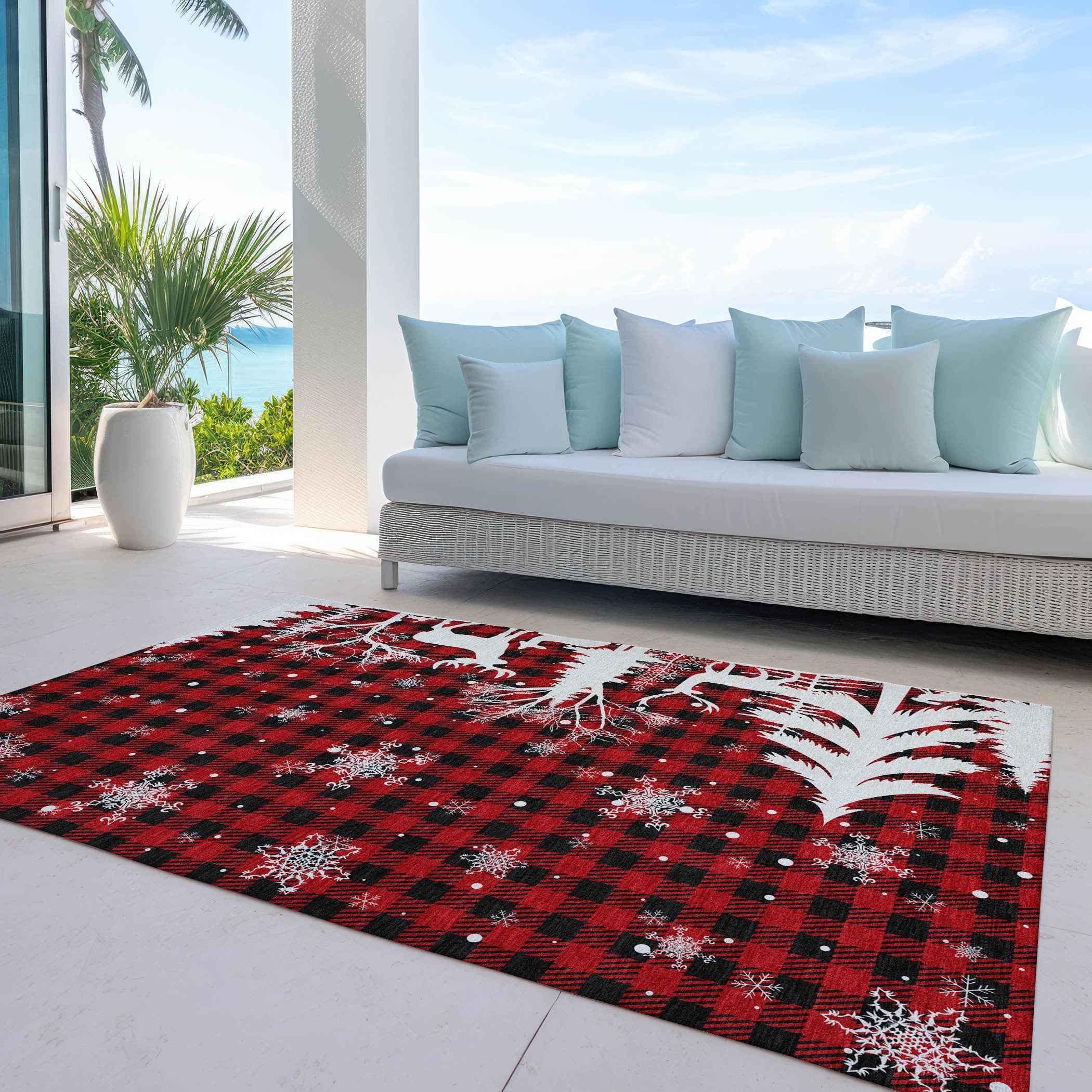 10' X 14' Red Black And Ivory Plaid Washable Indoor Outdoor Area Rug