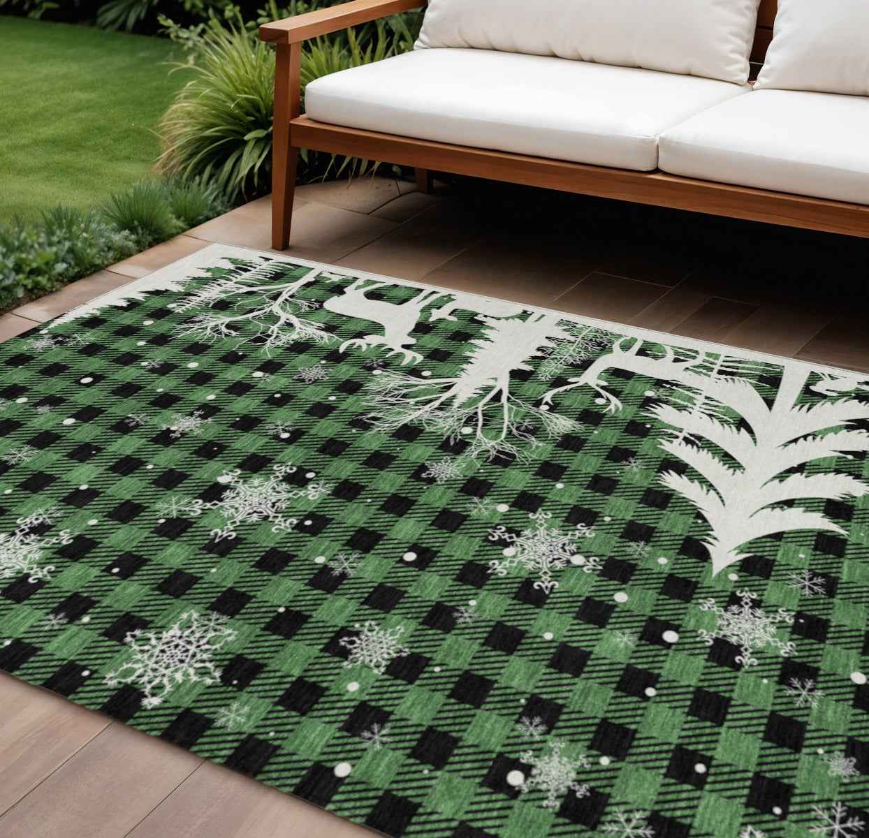 8' X 10' Green Black And Ivory Plaid Washable Indoor Outdoor Area Rug