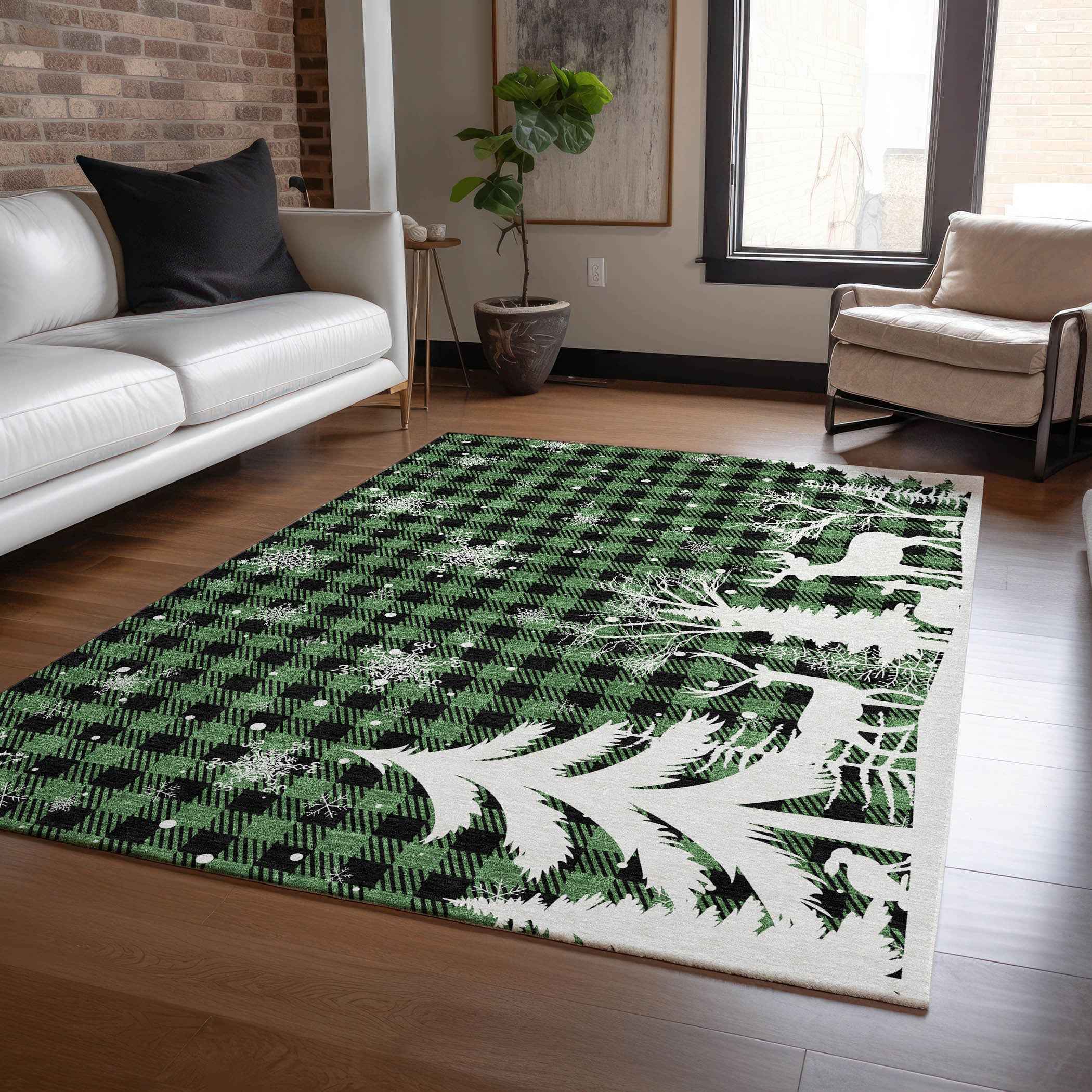 8' X 10' Green Black And Ivory Plaid Washable Indoor Outdoor Area Rug
