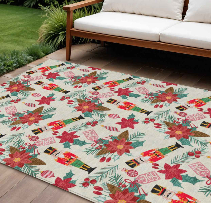 10' X 14' Ivory Red Black Pink And Brown Floral Washable Indoor Outdoor Area Rug