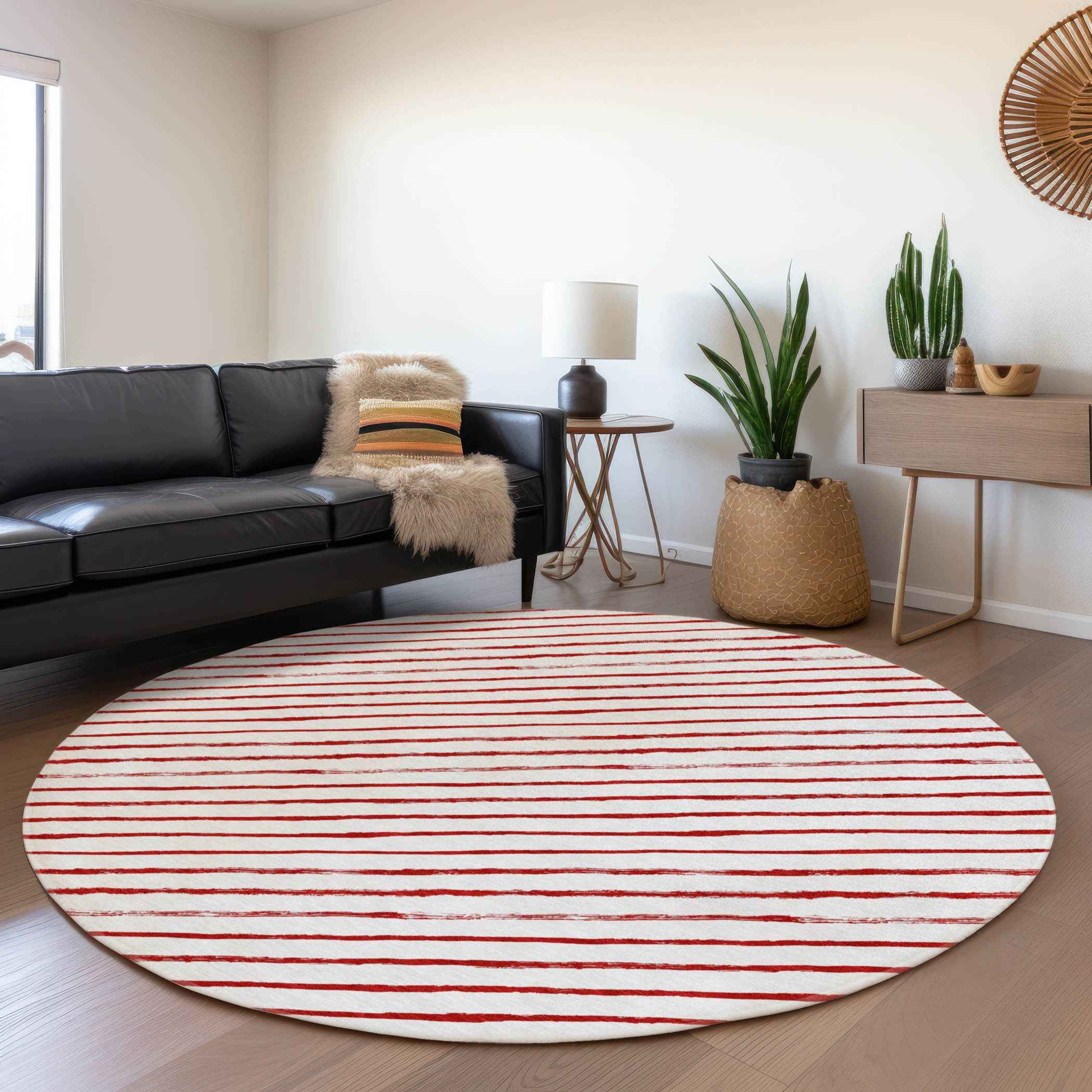 8' Red And White Round Striped Washable Indoor Outdoor Area Rug