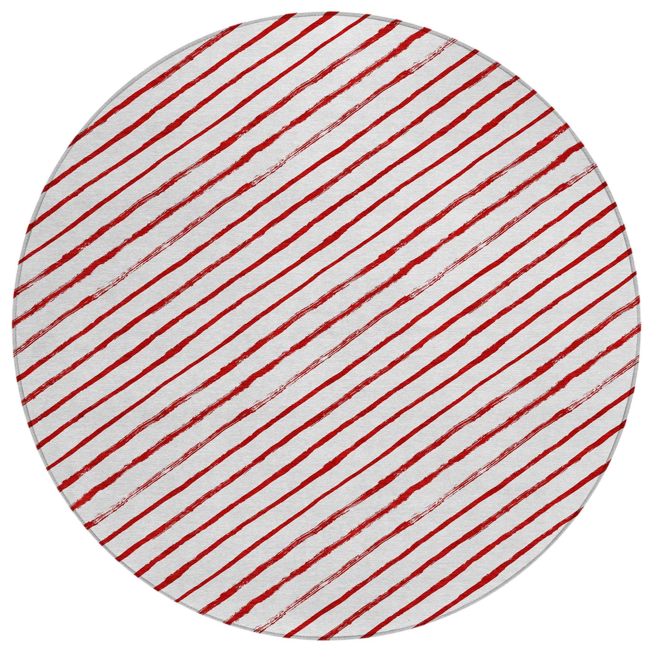 8' Red And White Round Striped Washable Indoor Outdoor Area Rug