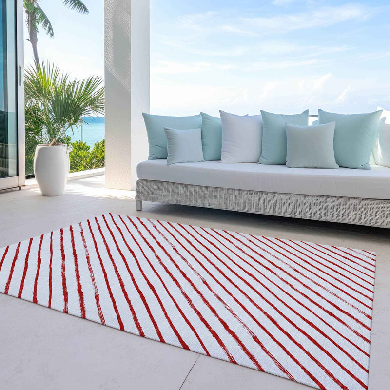 10' X 14' Red And White Striped Washable Indoor Outdoor Area Rug