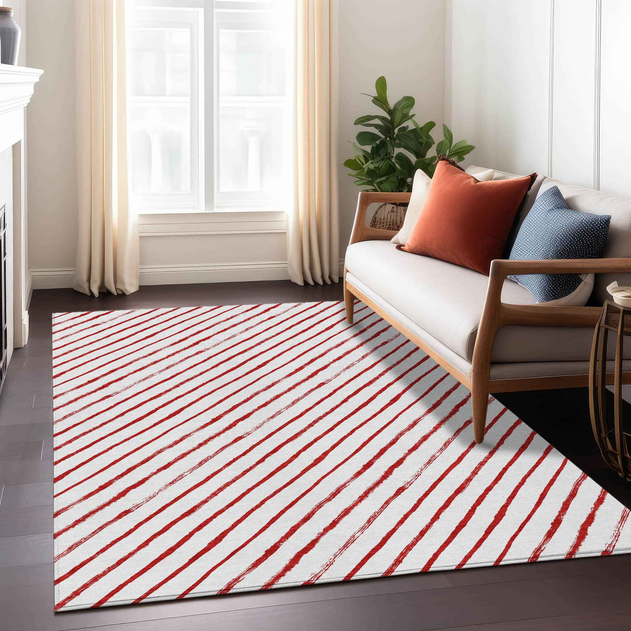 10' X 14' Red And White Striped Washable Indoor Outdoor Area Rug