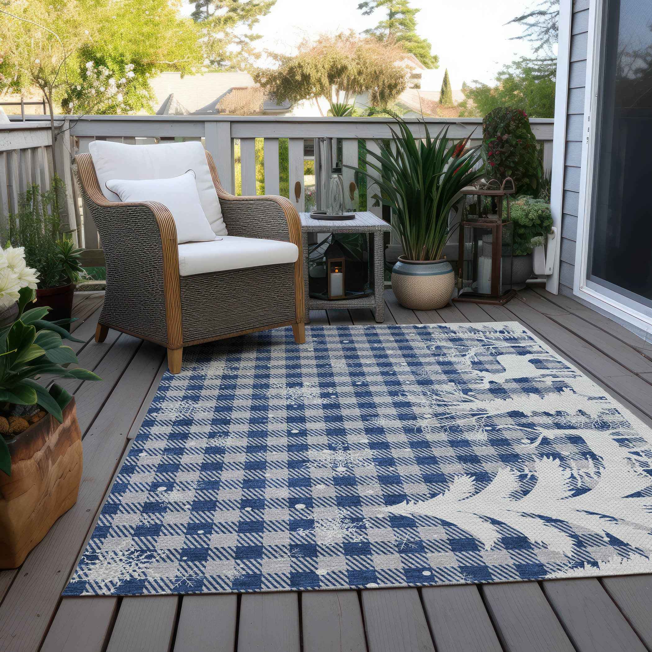 3' X 5' Blue Ivory And Gray Plaid Washable Indoor Outdoor Area Rug