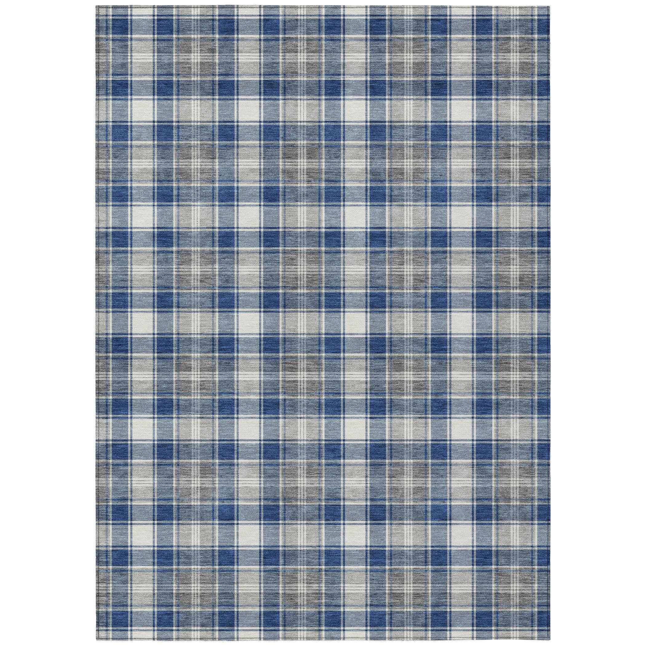 3' X 5' Navy Blue Ivory And Gray Plaid Washable Indoor Outdoor Area Rug
