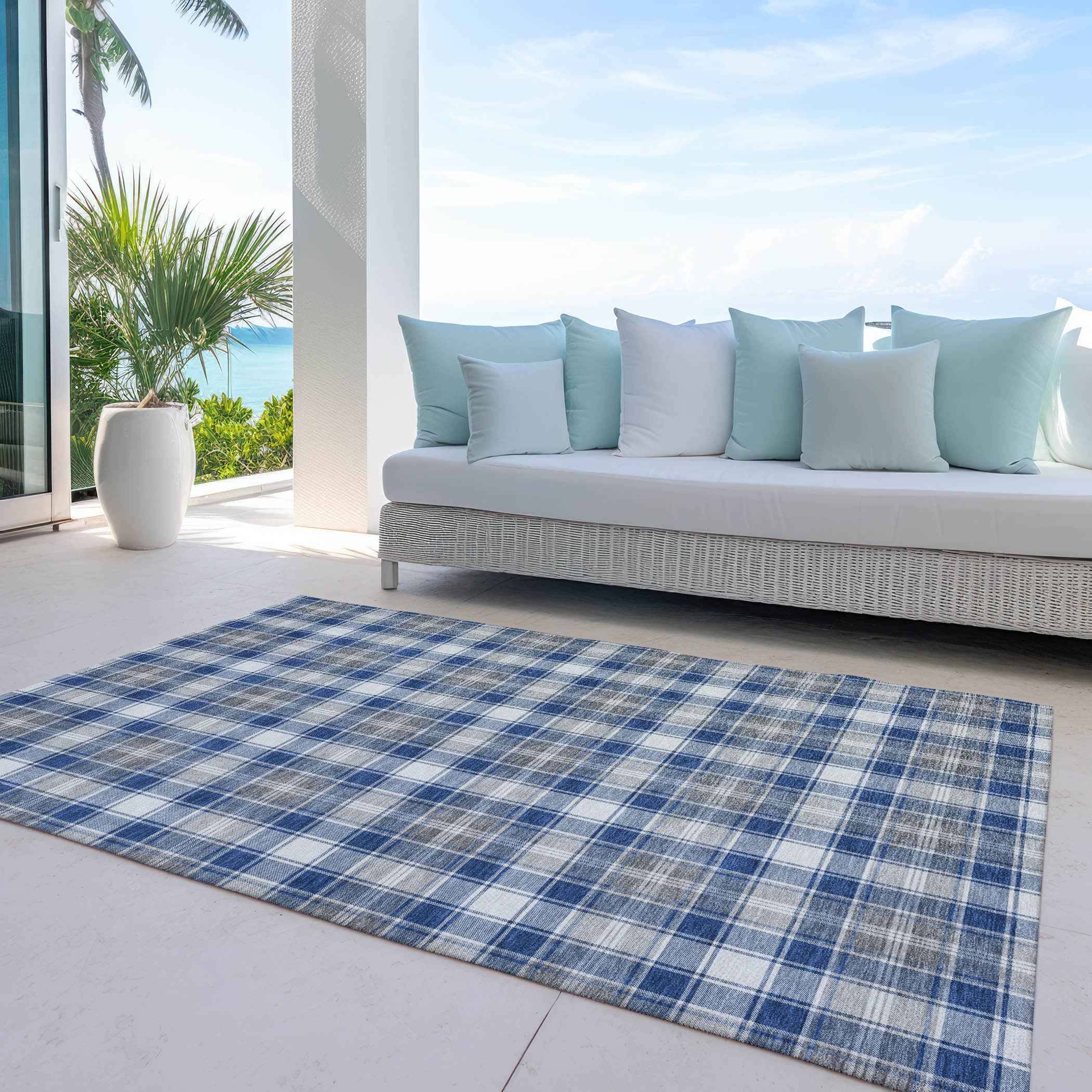 3' X 5' Navy Blue Ivory And Gray Plaid Washable Indoor Outdoor Area Rug