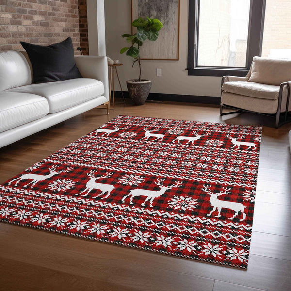 8' X 10' Red Black And Ivory Animal Print Washable Indoor Outdoor Area Rug