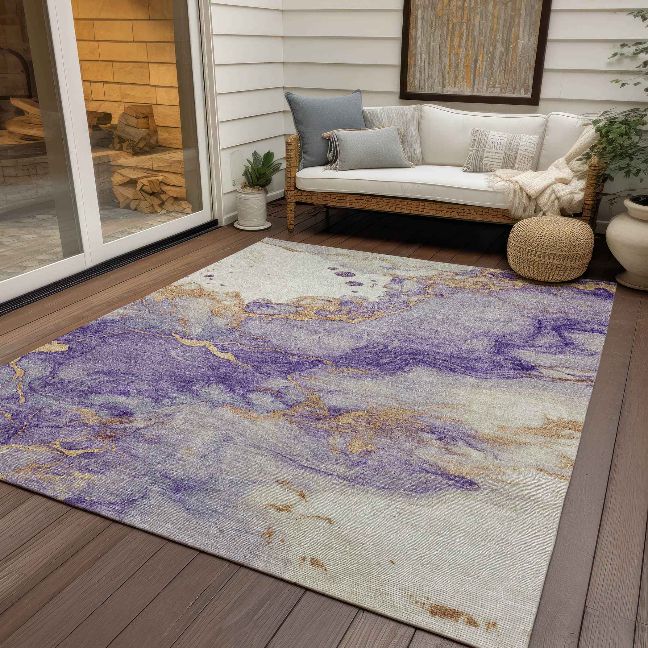 5' X 8' Purple And Gold Abstract Washable Indoor Outdoor Area Rug