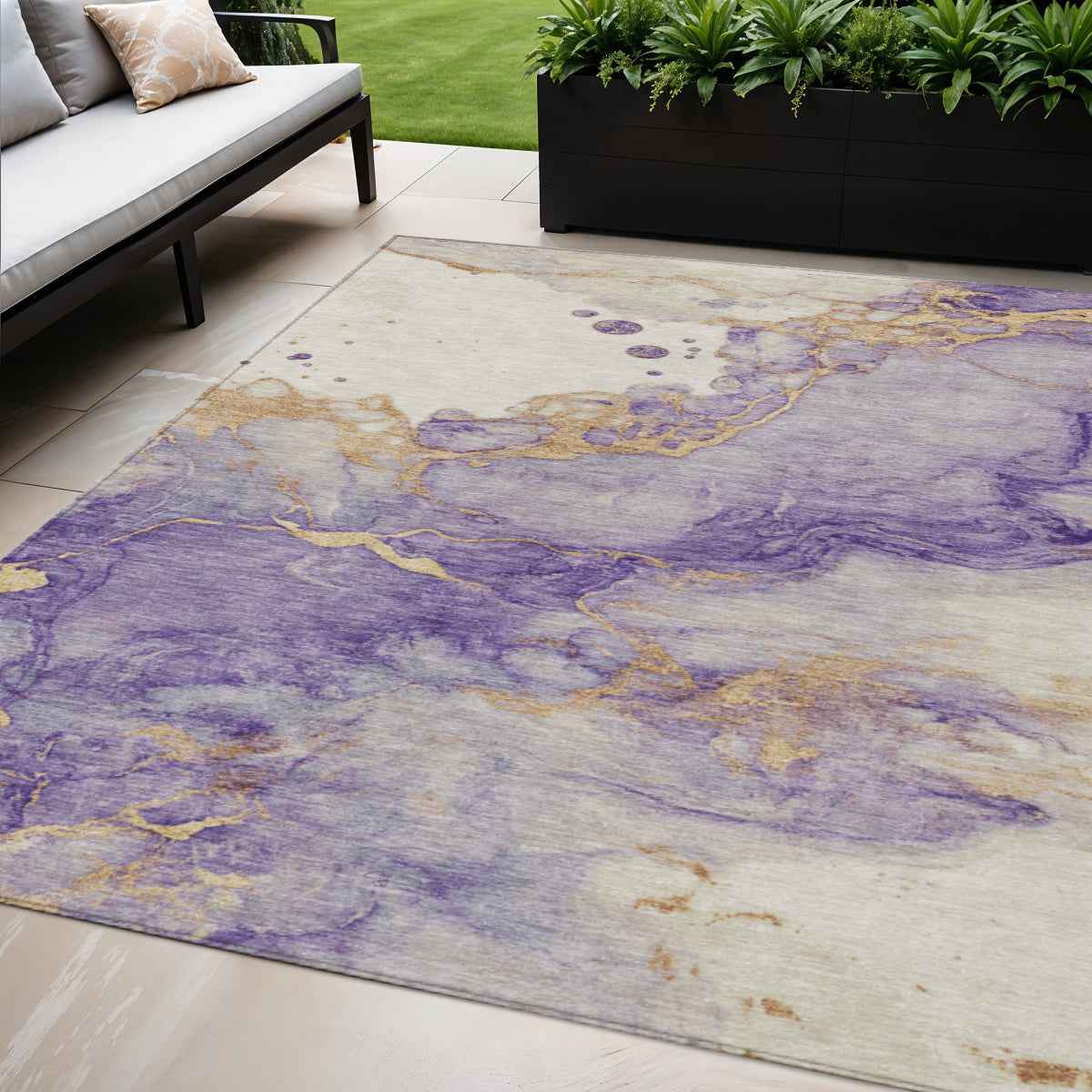5' X 8' Purple And Gold Abstract Washable Indoor Outdoor Area Rug