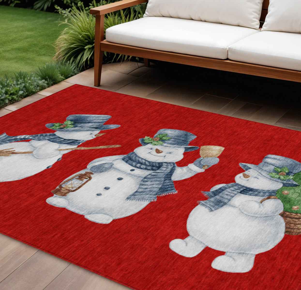 8' X 10' Red Denim Blue And Ivory Botanical Leaves Washable Indoor Outdoor Area Rug