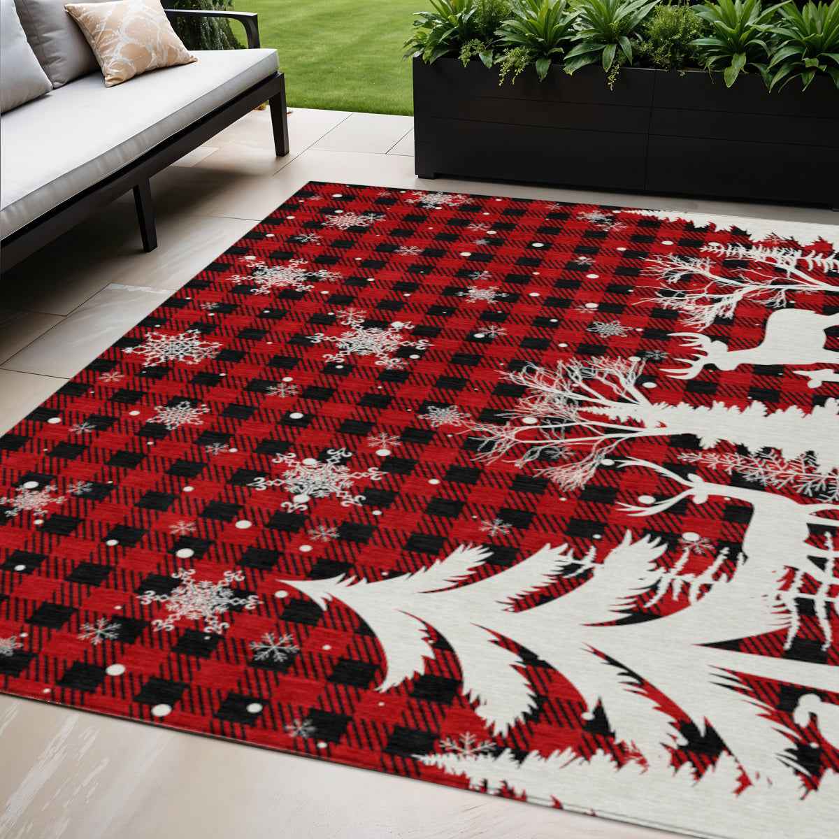 5' X 8' Red Black And Ivory Plaid Washable Indoor Outdoor Area Rug