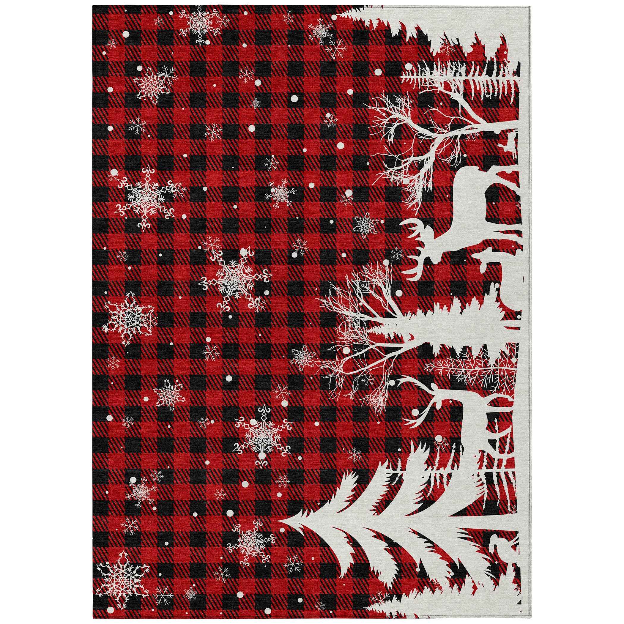 5' X 8' Red Black And Ivory Plaid Washable Indoor Outdoor Area Rug