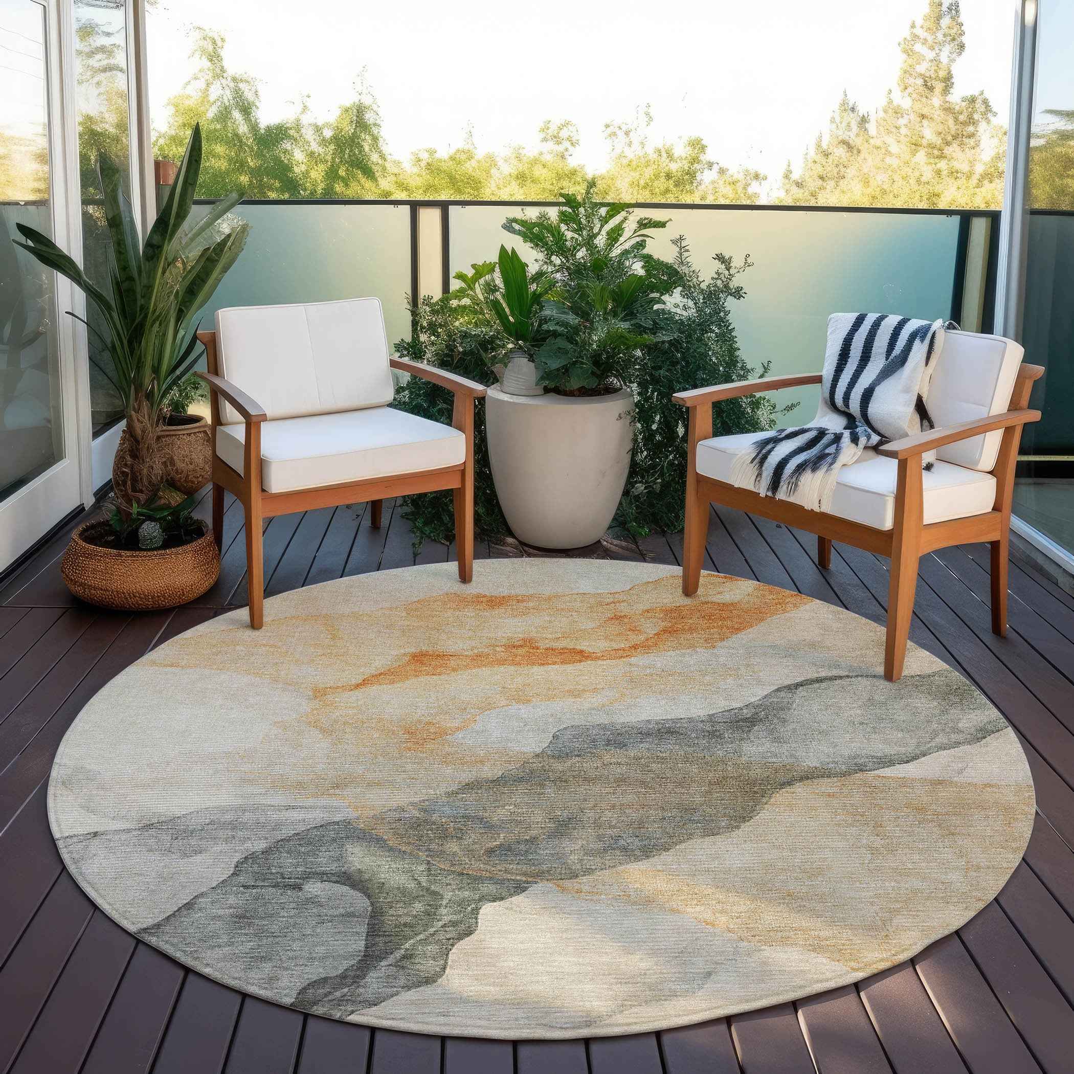8' Orange And Gray Round Abstract Washable Indoor Outdoor Area Rug