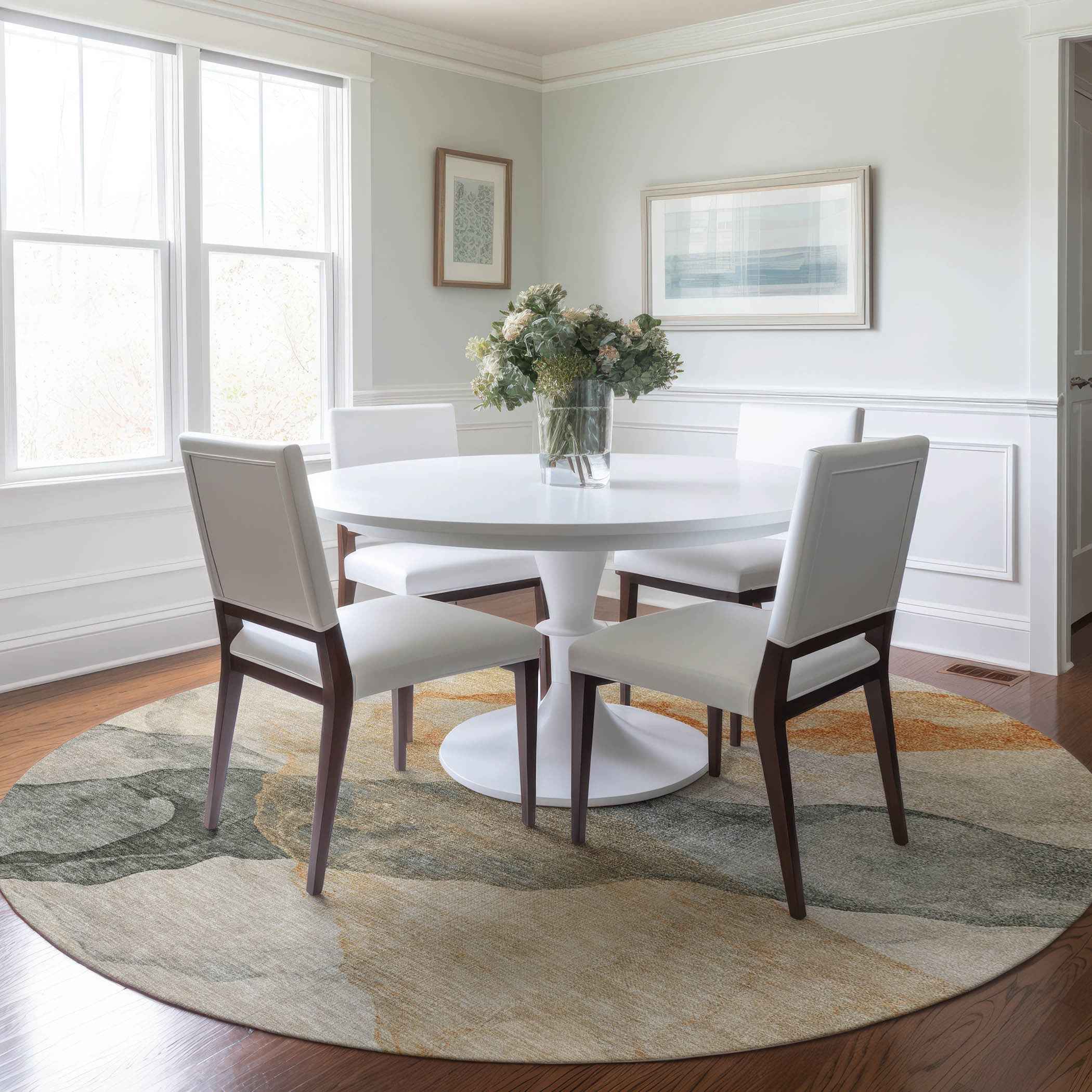 8' Orange And Gray Round Abstract Washable Indoor Outdoor Area Rug