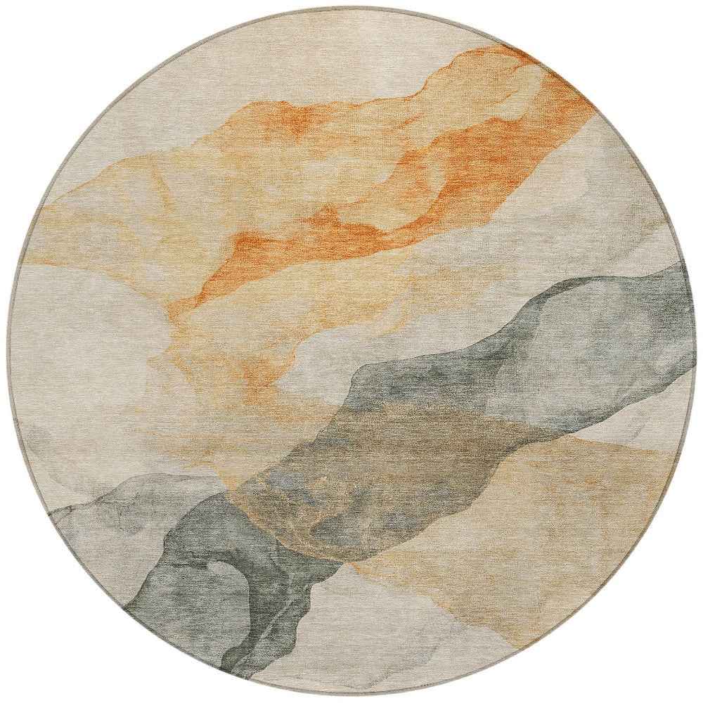8' Orange And Gray Round Abstract Washable Indoor Outdoor Area Rug