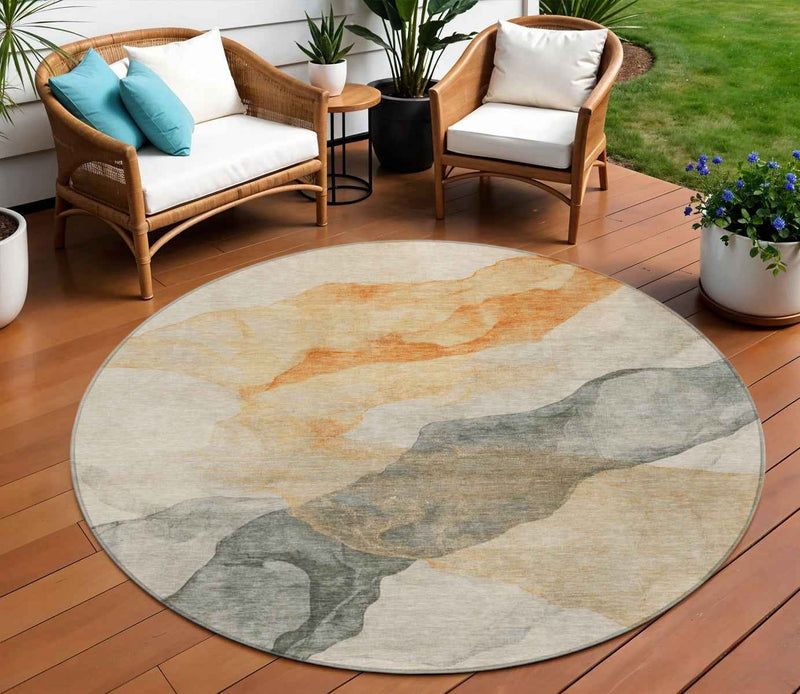 8' Orange And Gray Round Abstract Washable Indoor Outdoor Area Rug