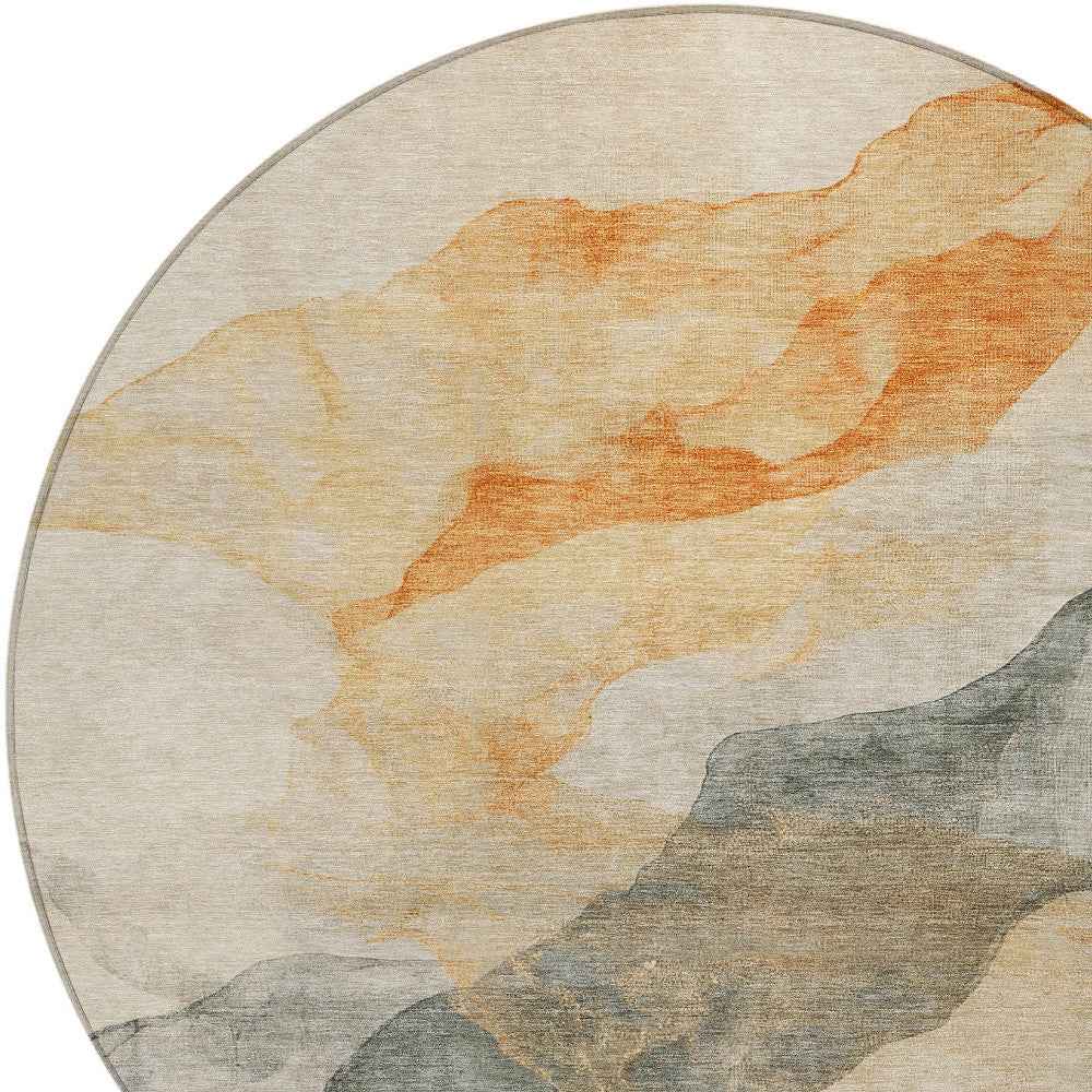 8' Orange And Gray Round Abstract Washable Indoor Outdoor Area Rug