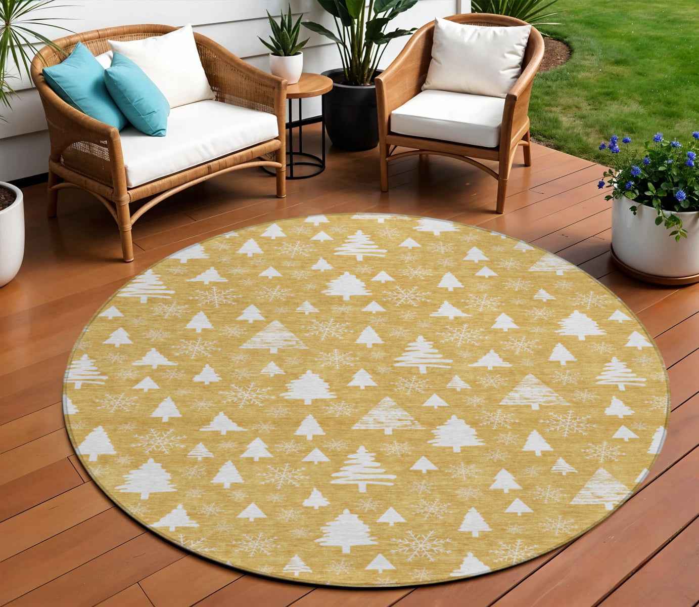 8' Gold And Ivory Round Botanical Leaves Washable Indoor Outdoor Area Rug