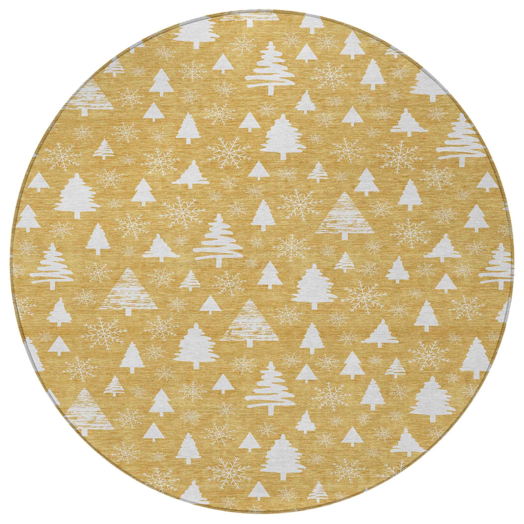 8' Gold And Ivory Round Botanical Leaves Washable Indoor Outdoor Area Rug