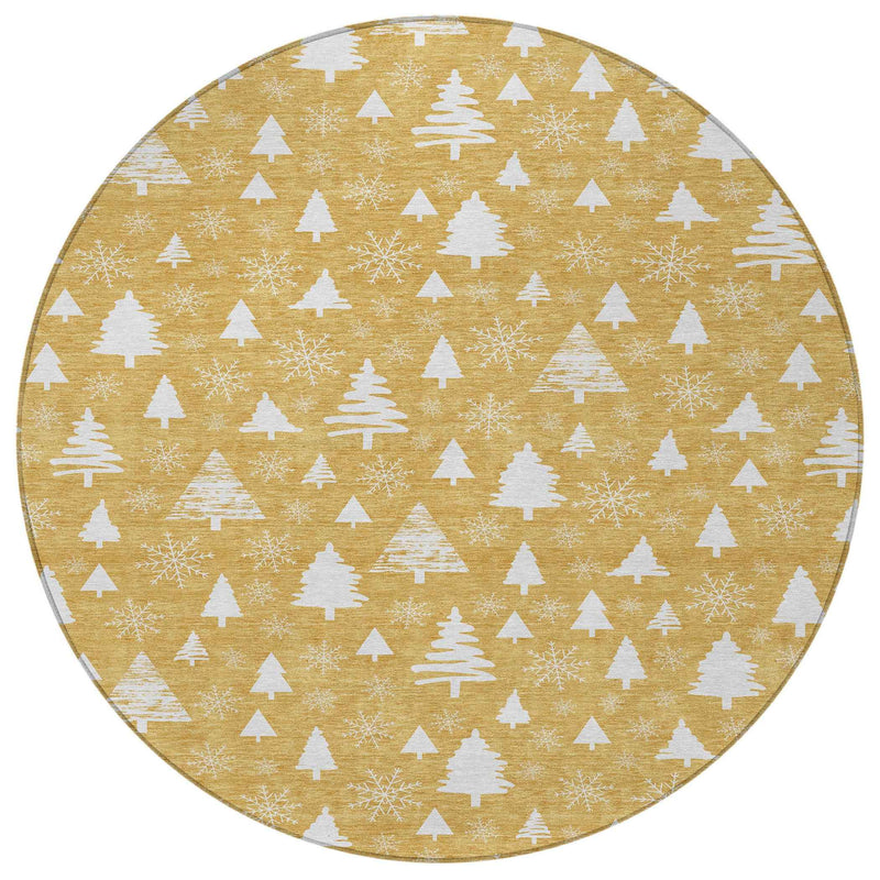 8' Gold And Ivory Round Botanical Leaves Washable Indoor Outdoor Area Rug