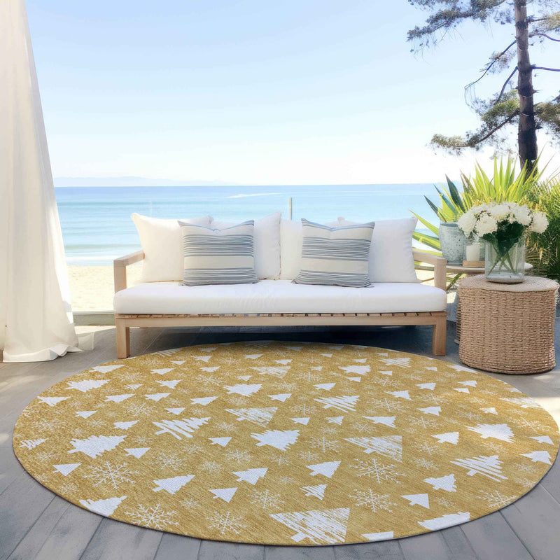 8' Gold And Ivory Round Botanical Leaves Washable Indoor Outdoor Area Rug