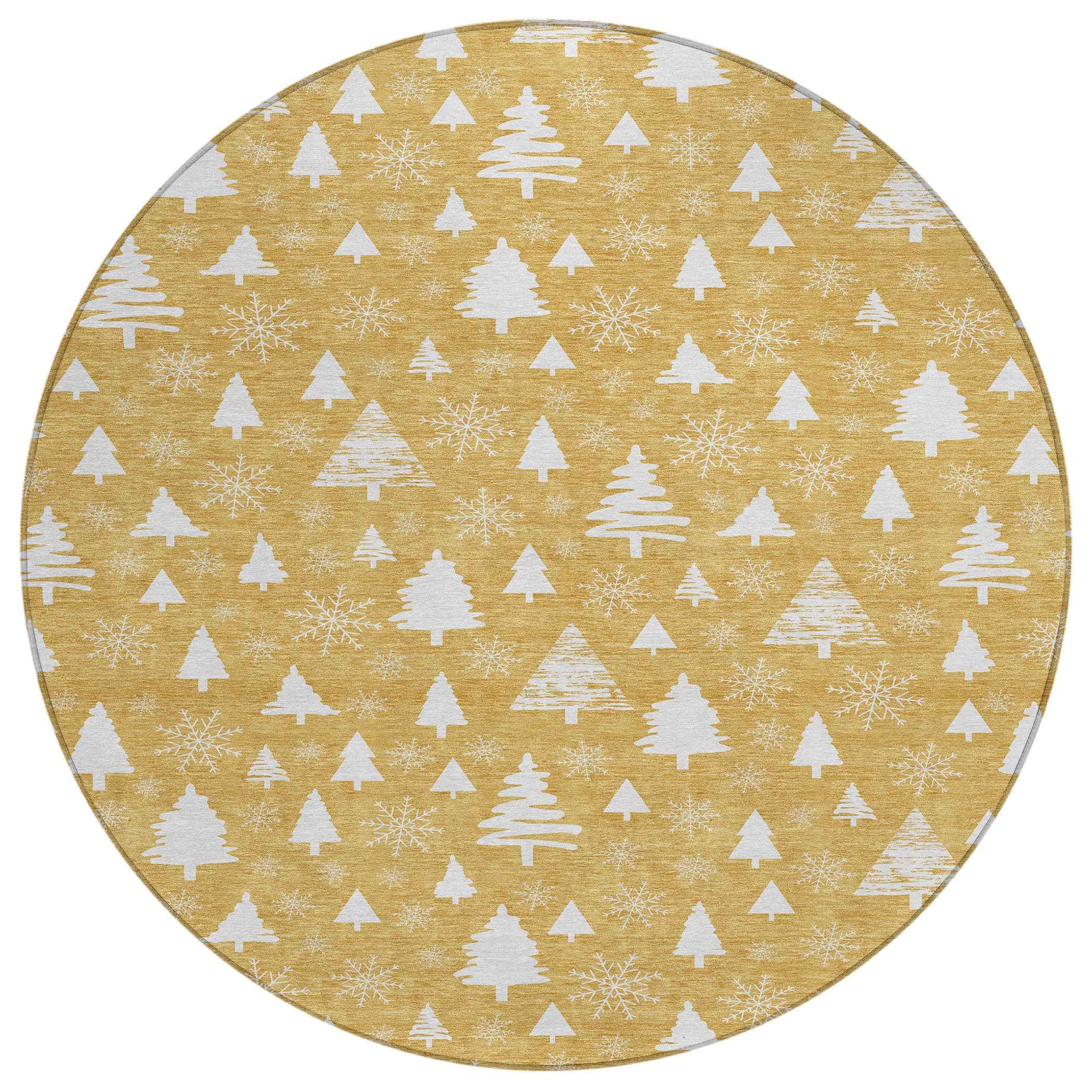 8' Gold And Ivory Round Botanical Leaves Washable Indoor Outdoor Area Rug