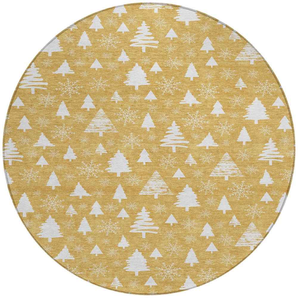 8' Gold And Ivory Round Botanical Leaves Washable Indoor Outdoor Area Rug