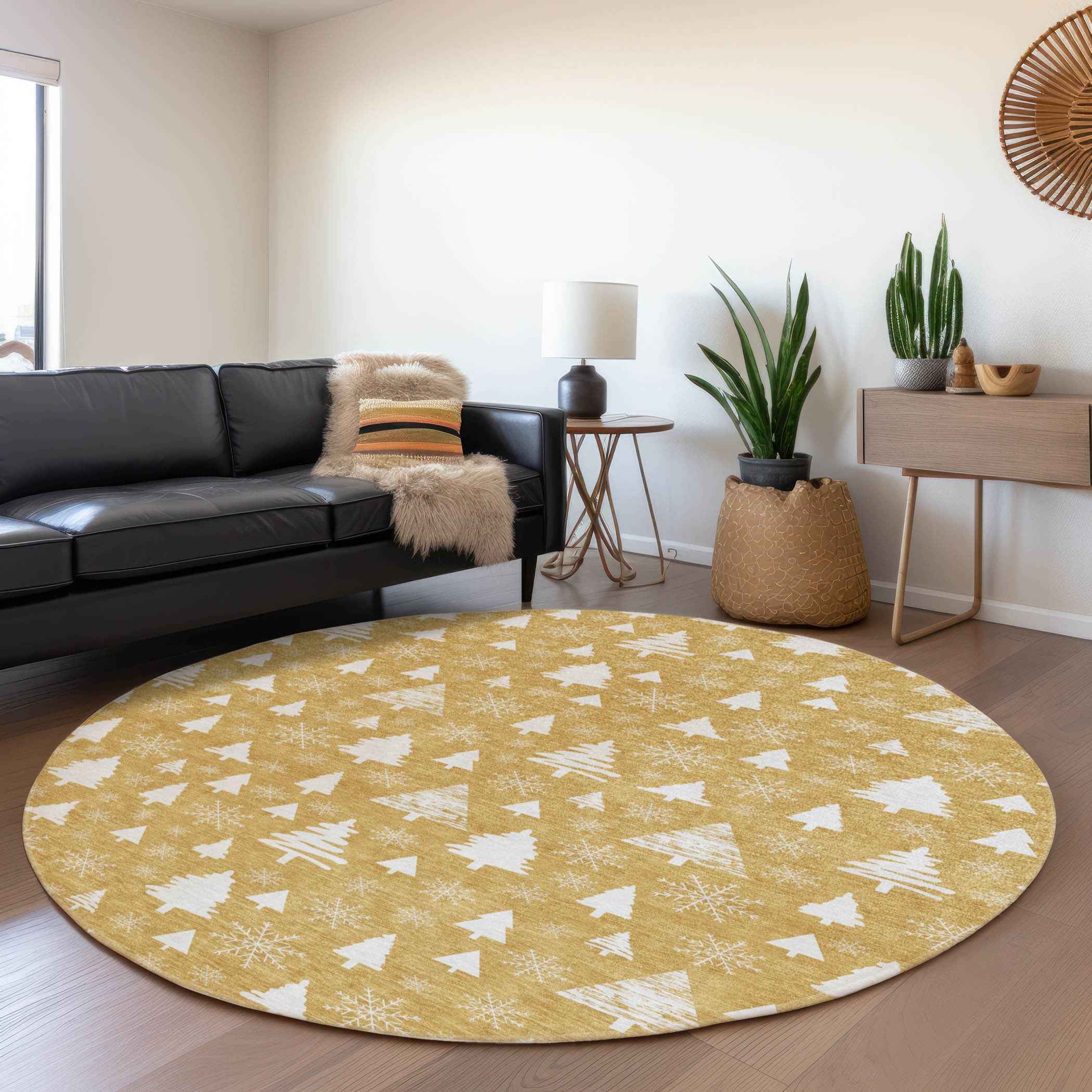 8' Gold And Ivory Round Botanical Leaves Washable Indoor Outdoor Area Rug