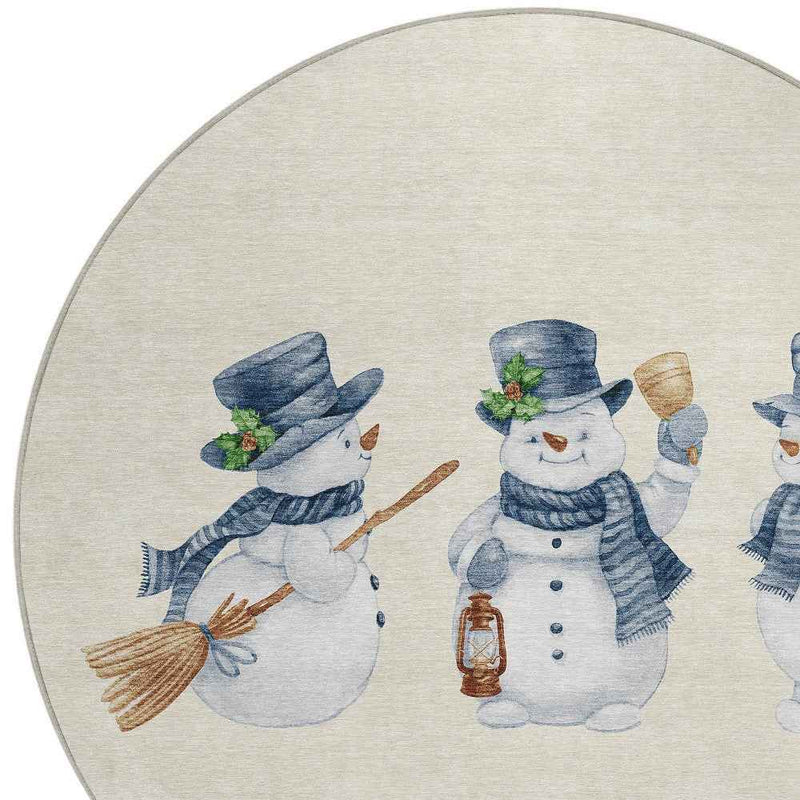 8' Ivory And Denim Blue Round Botanical Leaves Washable Indoor Outdoor Area Rug