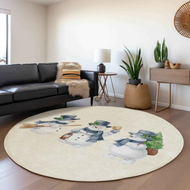 8' Ivory And Denim Blue Round Botanical Leaves Washable Indoor Outdoor Area Rug