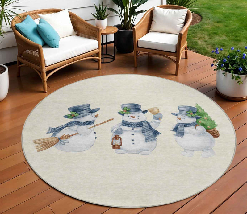 8' Ivory And Denim Blue Round Botanical Leaves Washable Indoor Outdoor Area Rug