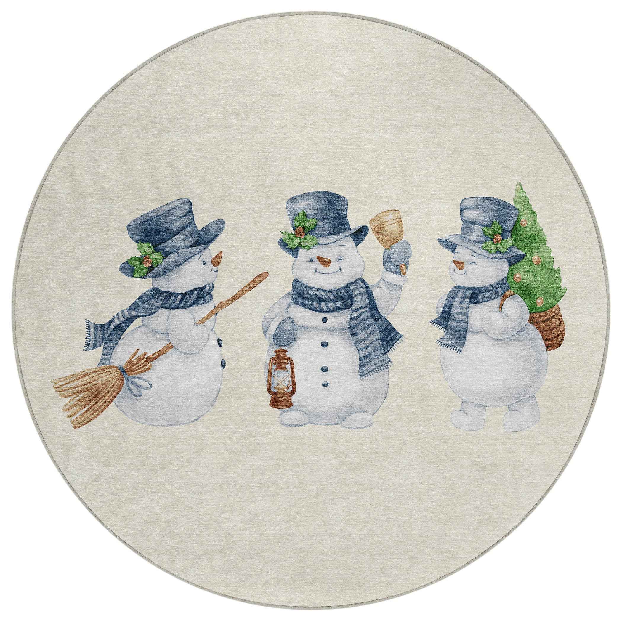 8' Ivory And Denim Blue Round Botanical Leaves Washable Indoor Outdoor Area Rug