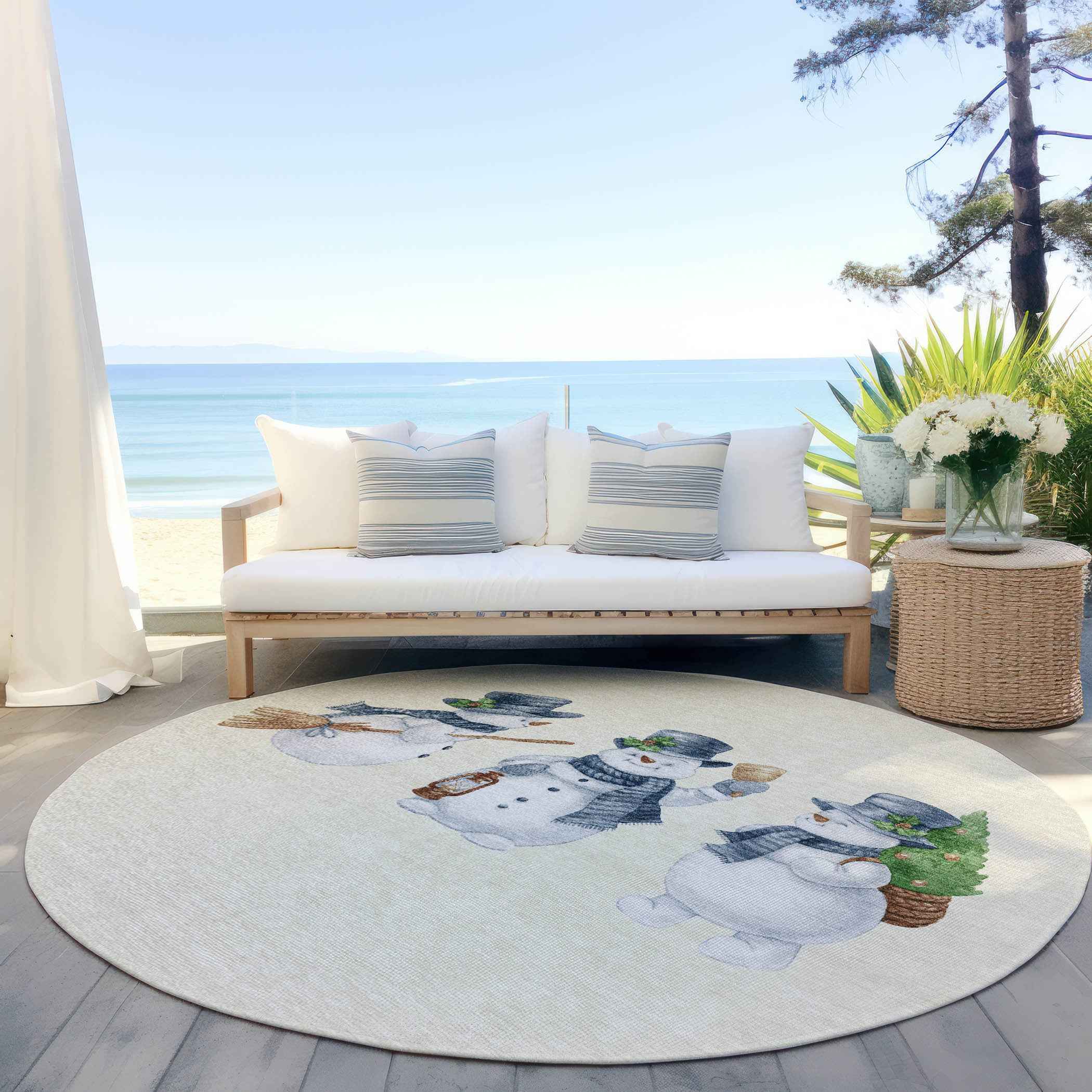 8' Ivory And Denim Blue Round Botanical Leaves Washable Indoor Outdoor Area Rug