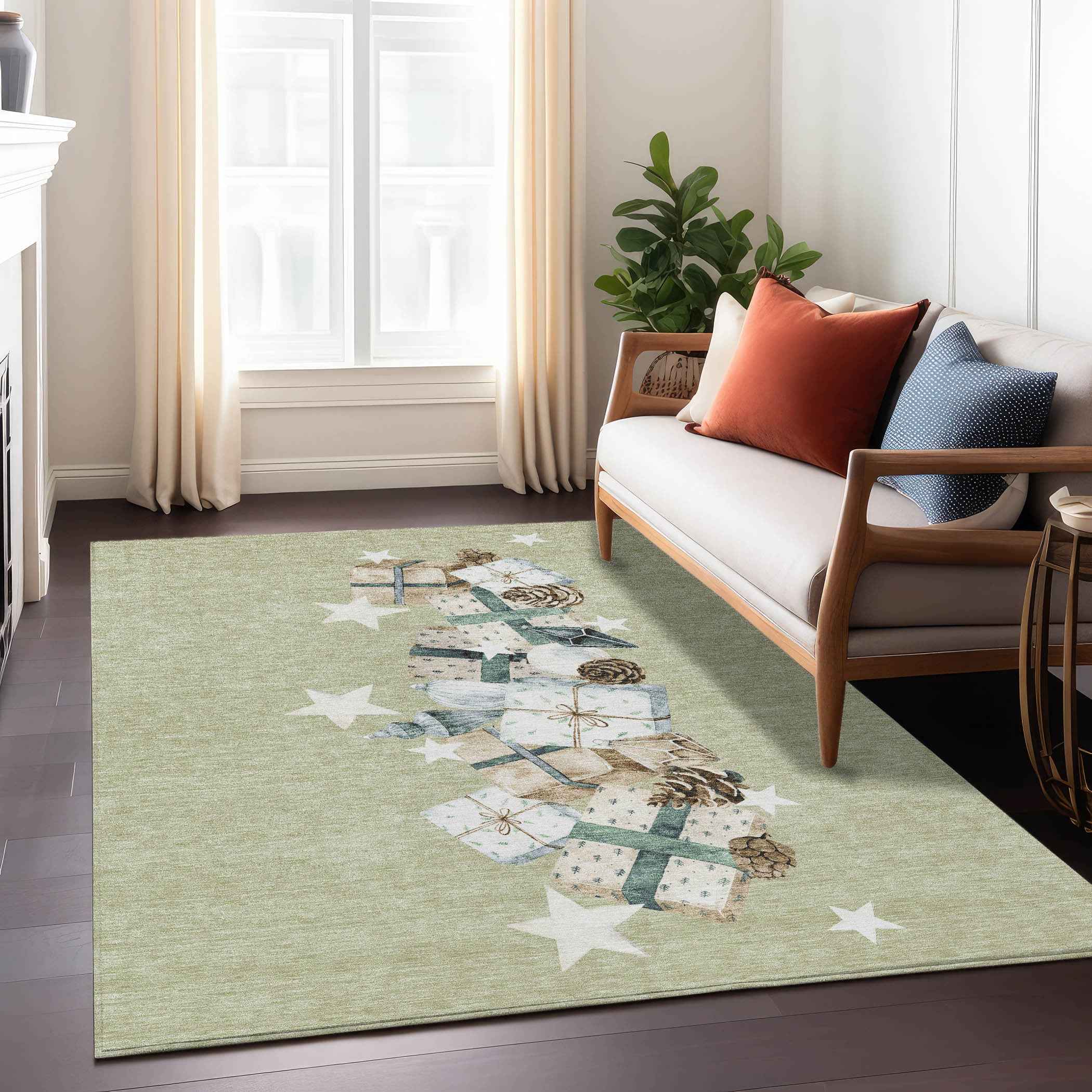 8' X 10' Artichoke Green Beige Ivory And Taupe Geometric Washable Indoor Outdoor Area Rug