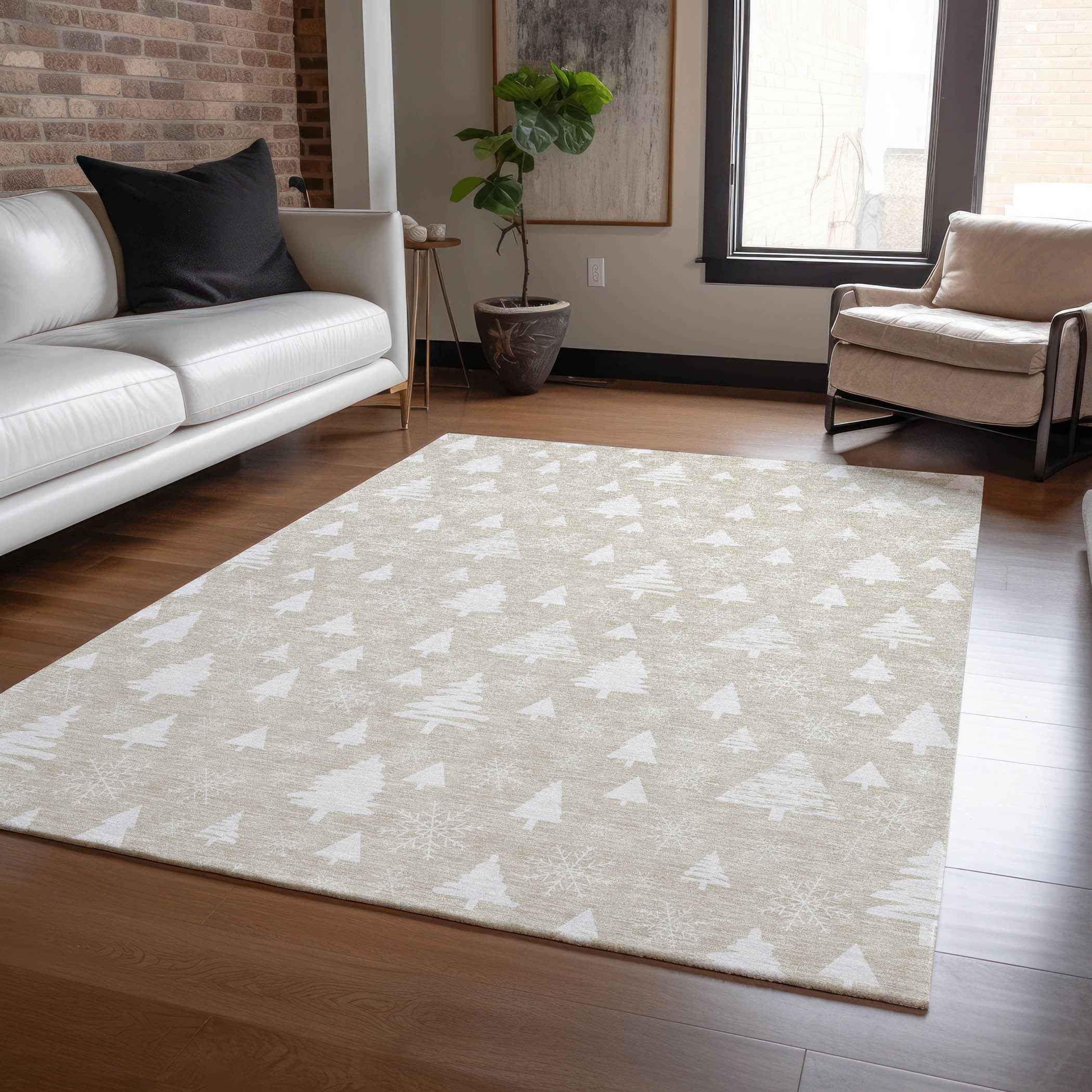 3' X 5' Beige And Ivory Botanical Leaves Washable Indoor Outdoor Area Rug
