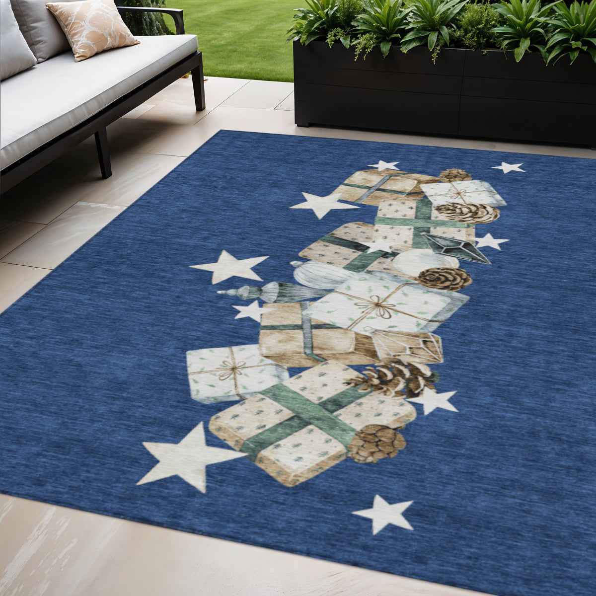 5' X 8' Navy Blue Beige Ivory And Taupe Geometric Washable Indoor Outdoor Area Rug