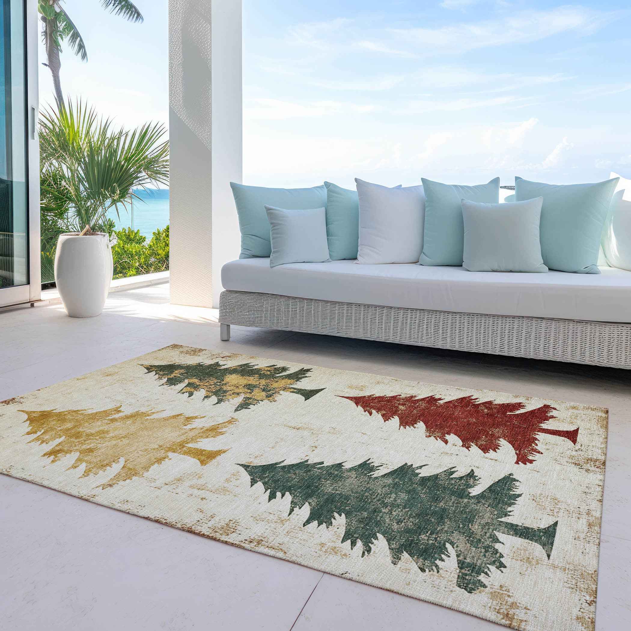 5' X 8' Ivory Gold And Burgundy Botanical Leaves Washable Indoor Outdoor Area Rug