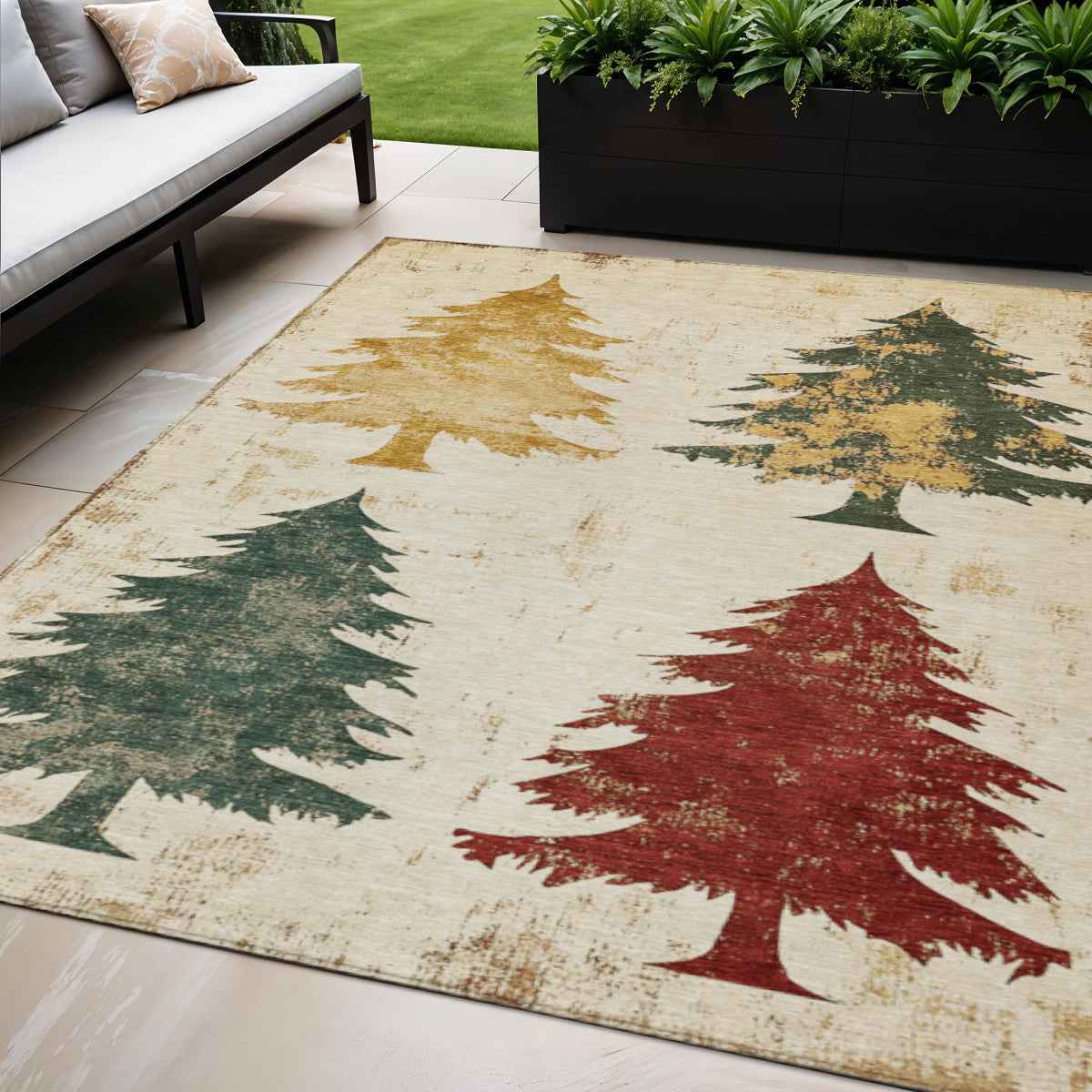 5' X 8' Ivory Gold And Burgundy Botanical Leaves Washable Indoor Outdoor Area Rug