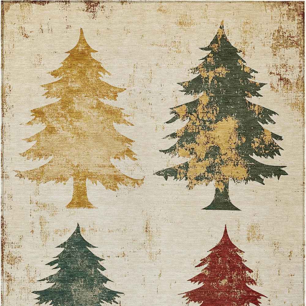 5' X 8' Ivory Gold And Burgundy Botanical Leaves Washable Indoor Outdoor Area Rug