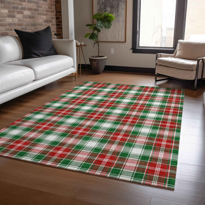 8' X 10' Emerald Red And White Plaid Washable Indoor Outdoor Area Rug