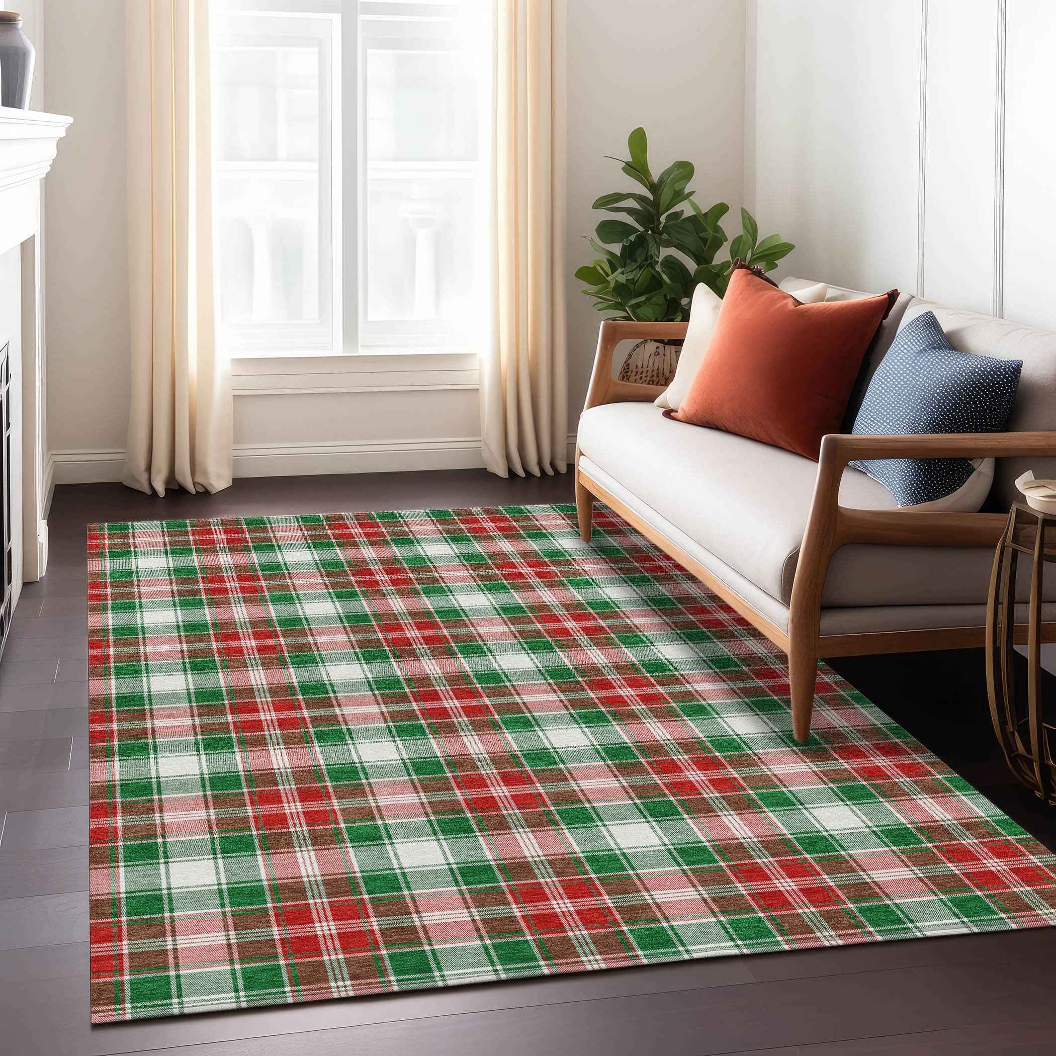 8' X 10' Emerald Red And White Plaid Washable Indoor Outdoor Area Rug