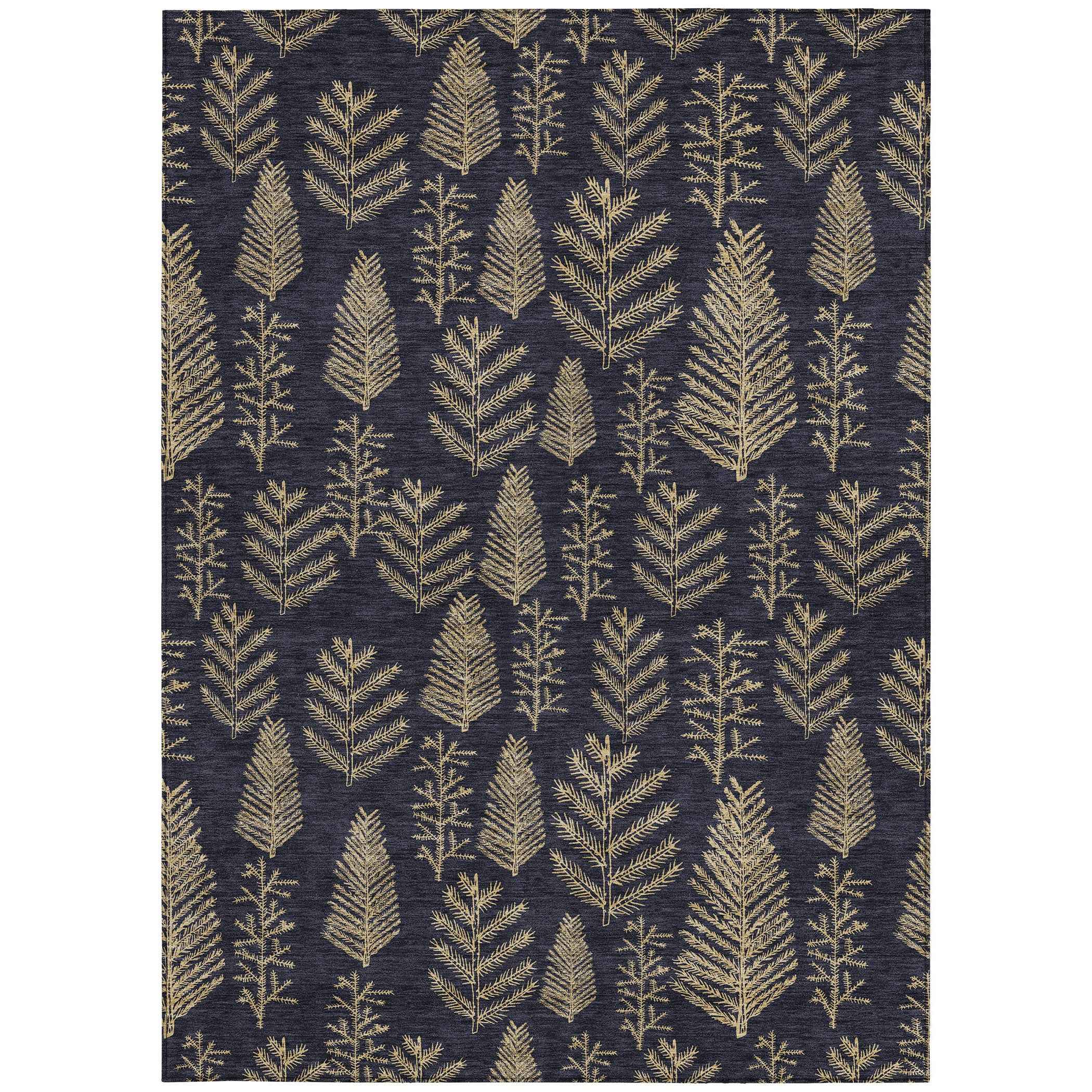 8' X 10' Black And Gold Botanical Leaves Washable Indoor Outdoor Area Rug